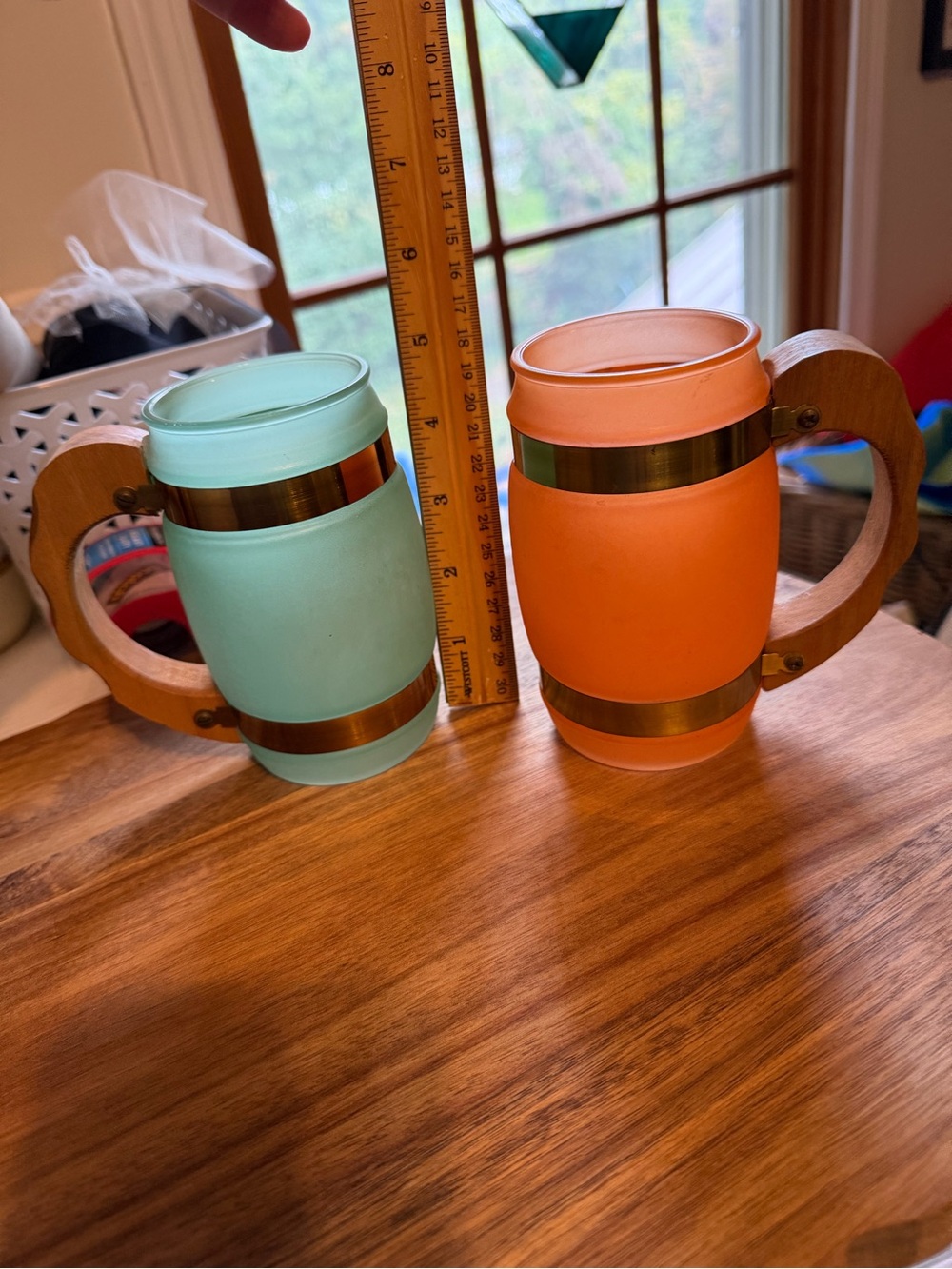 Vintage Wood-Handled Frosted Glass Mug Set - Teal & Orange